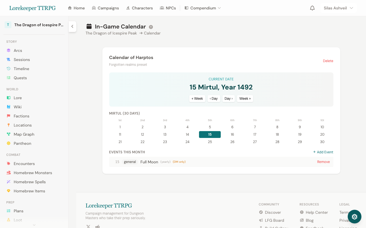 In-game calendar with Harptos calendar system