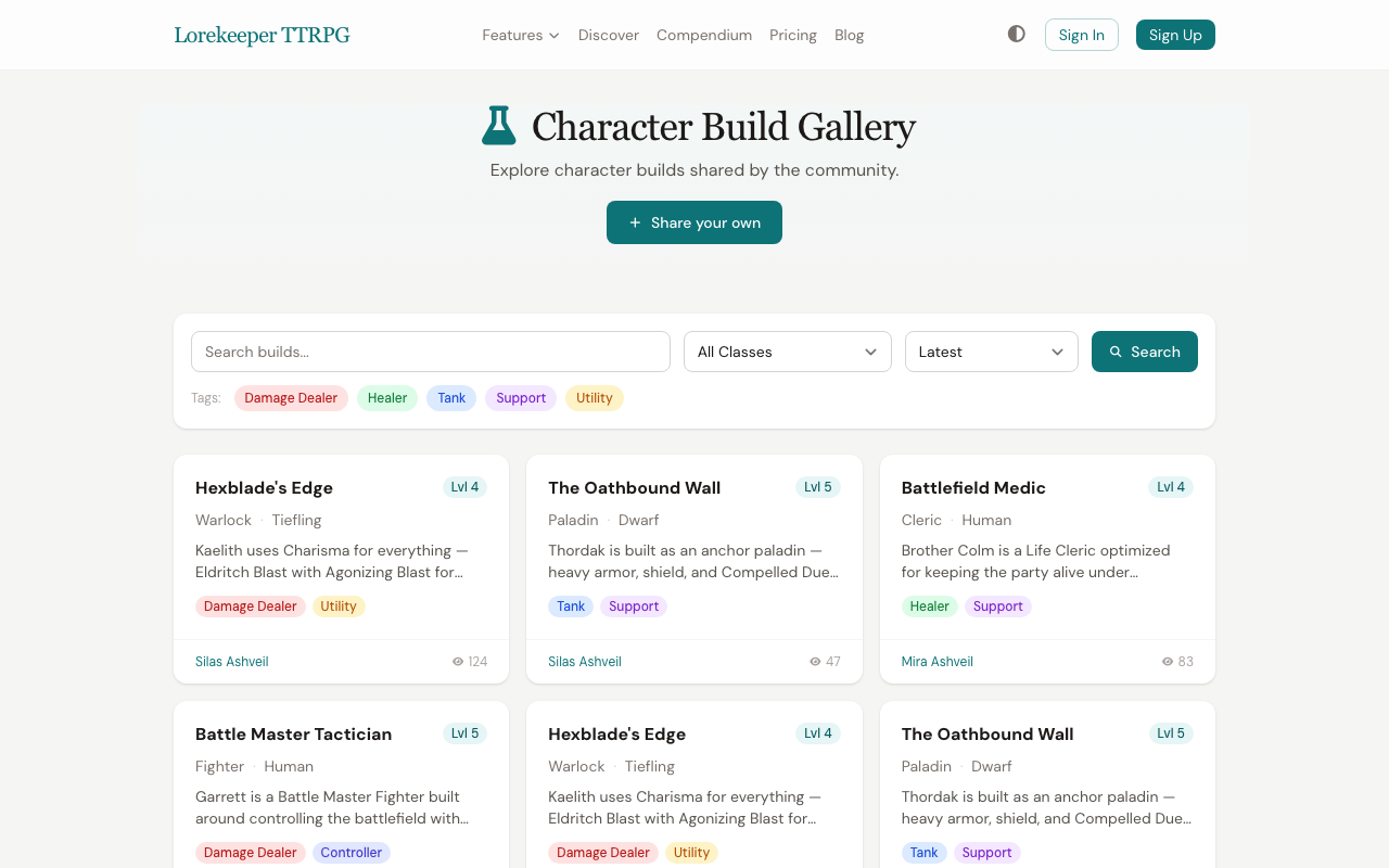 The Character Build Gallery showing search, class filter, tag filters for Damage Dealer, Healer, Tank, Support, and Utility, with build cards showing title, class, species, level, description, tags, and view count