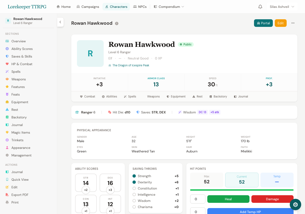 Character sheet with public sharing badge