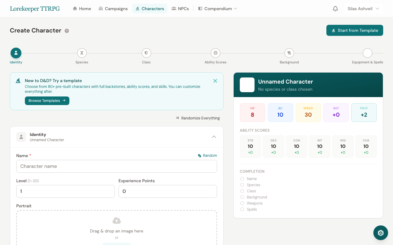 Character creation wizard