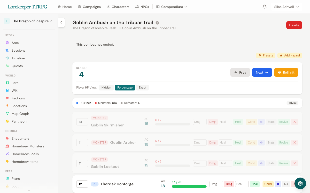 Combat tracker with initiative order and HP management