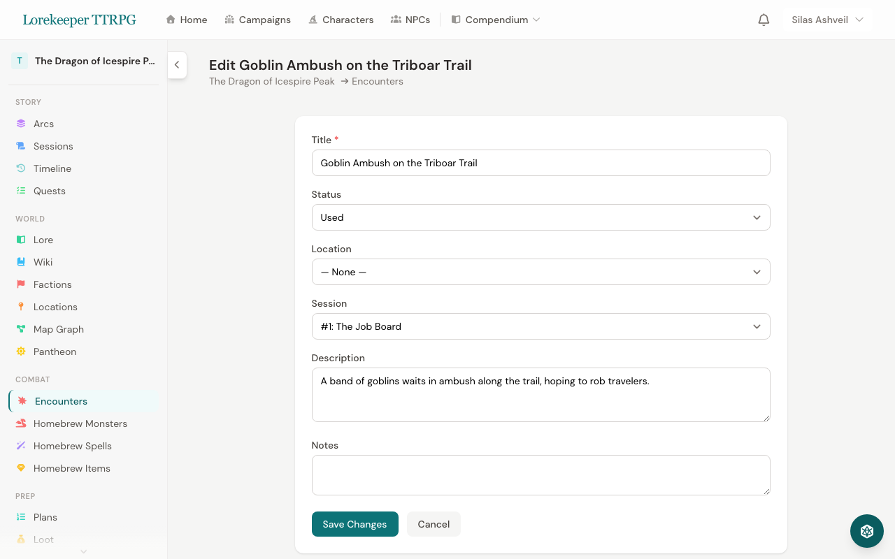A full encounter detail page showing status badges, description, difficulty calculator, monster list with quantities, and expandable stat blocks