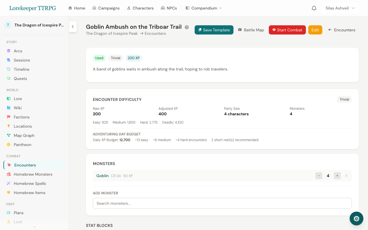 An encounter page showing the Encounter Difficulty panel with Deadly rating, raw XP, adjusted XP, party size, thresholds, and a list of monsters with quantity controls
