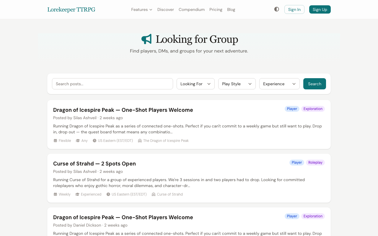 The Looking for Group board showing search filters for Looking For type, Play Style, and Experience Level, with a list of LFG posts each showing title, poster, description, frequency, experience, timezone, and play style tags