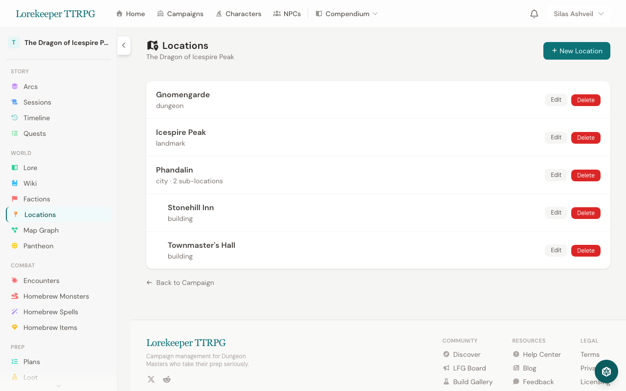 The Locations page showing a list of locations with their types, including nested sub-locations indented under parent regions