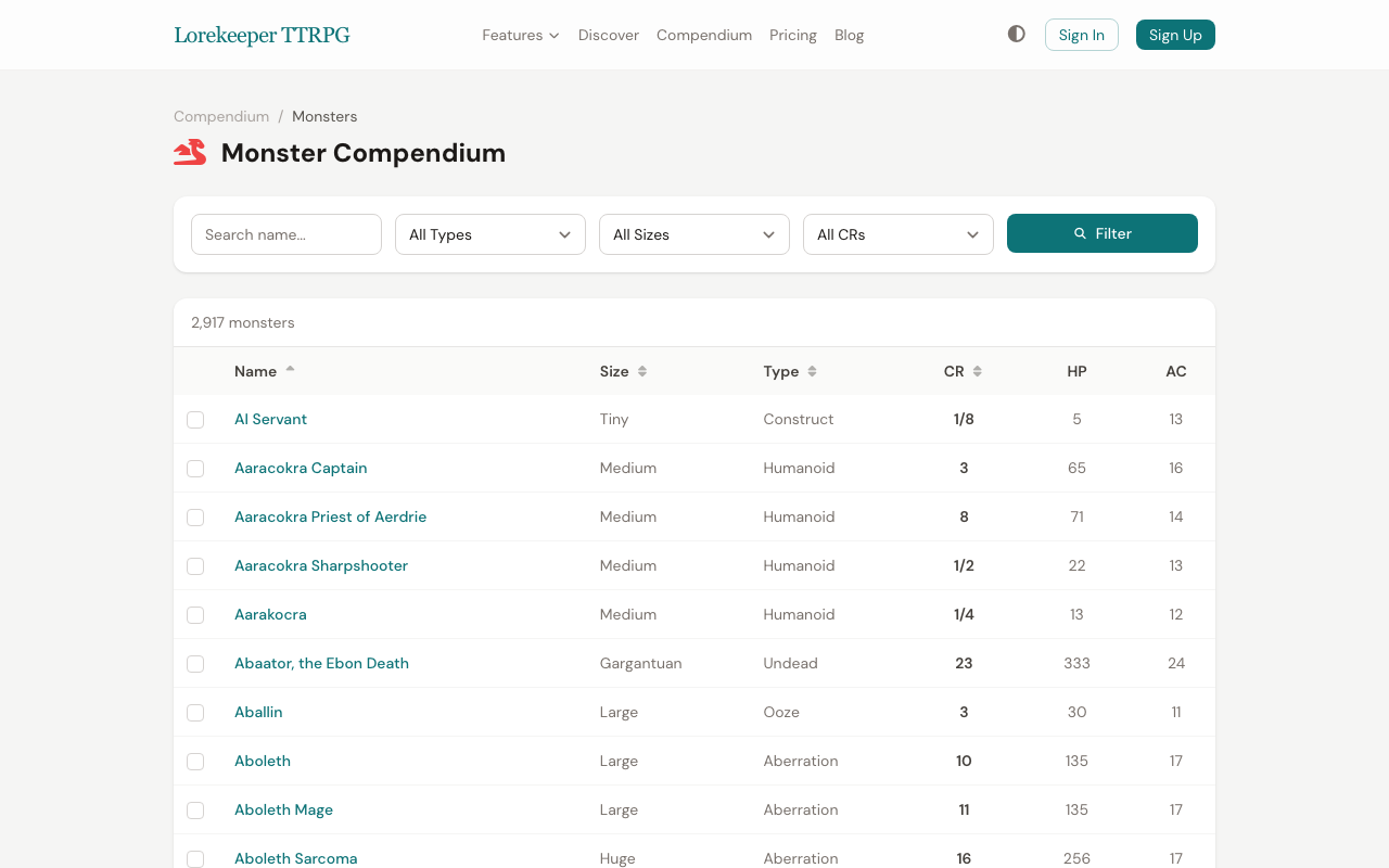 The Monster Compendium showing search and filter controls for type, size, CR, and source, with Table and Cards view toggle, and a sortable table of monsters with name, size, type, CR, HP, AC, and source columns