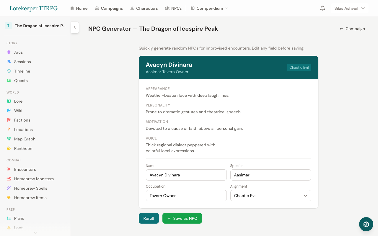 The NPC Generator showing a generated NPC card with name, species, occupation, alignment badge, appearance, personality, motivation, voice description, and editable fields, plus Reroll and Save as NPC buttons
