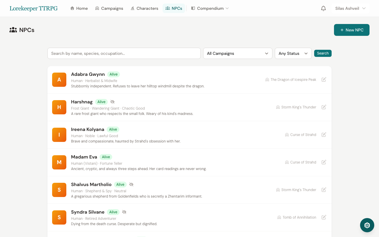 NPC directory with search and status badges