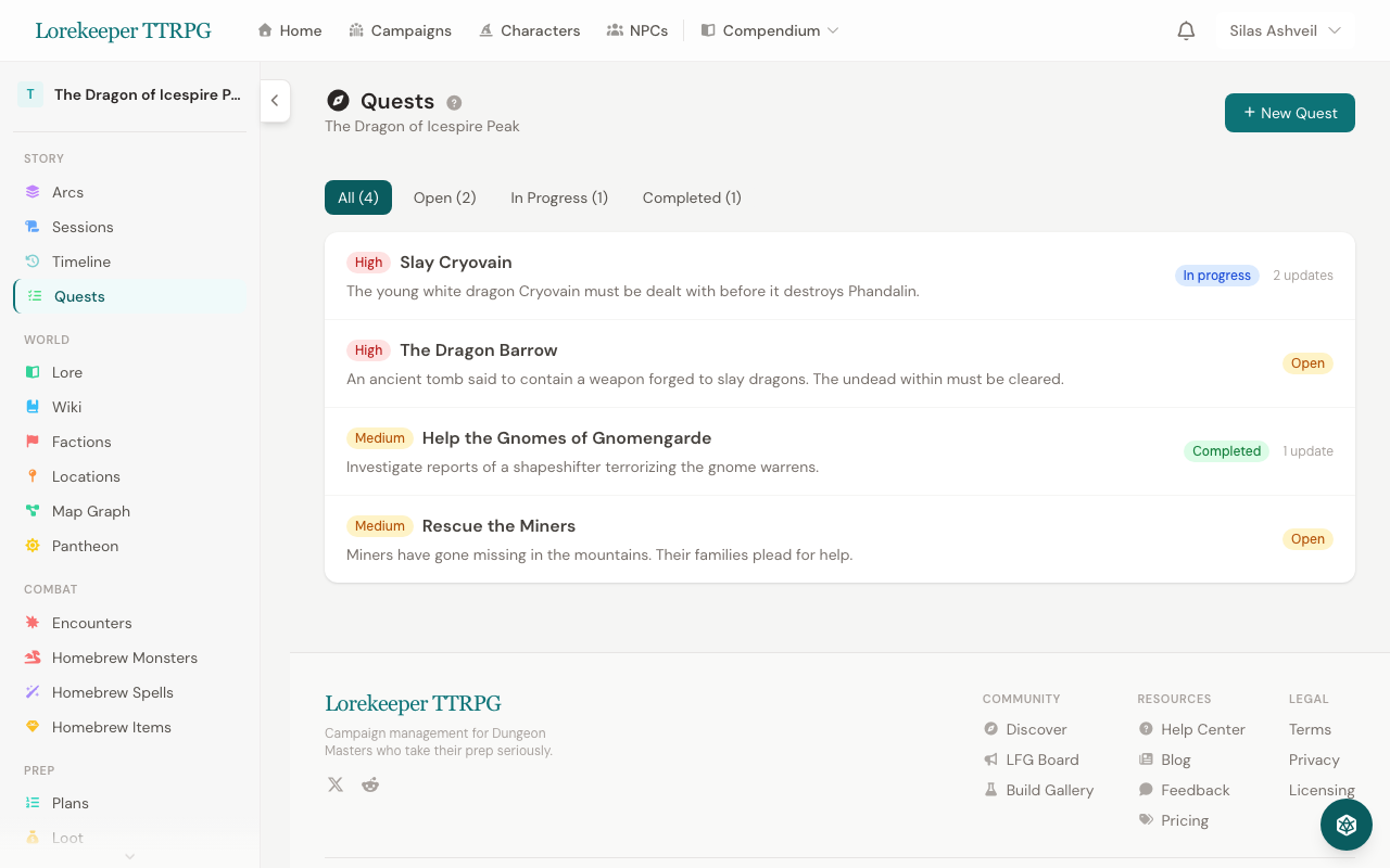 Quick reference panel with dice roller