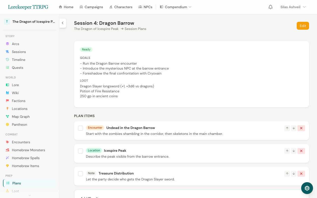 Session planner with goals, plan items, and loot