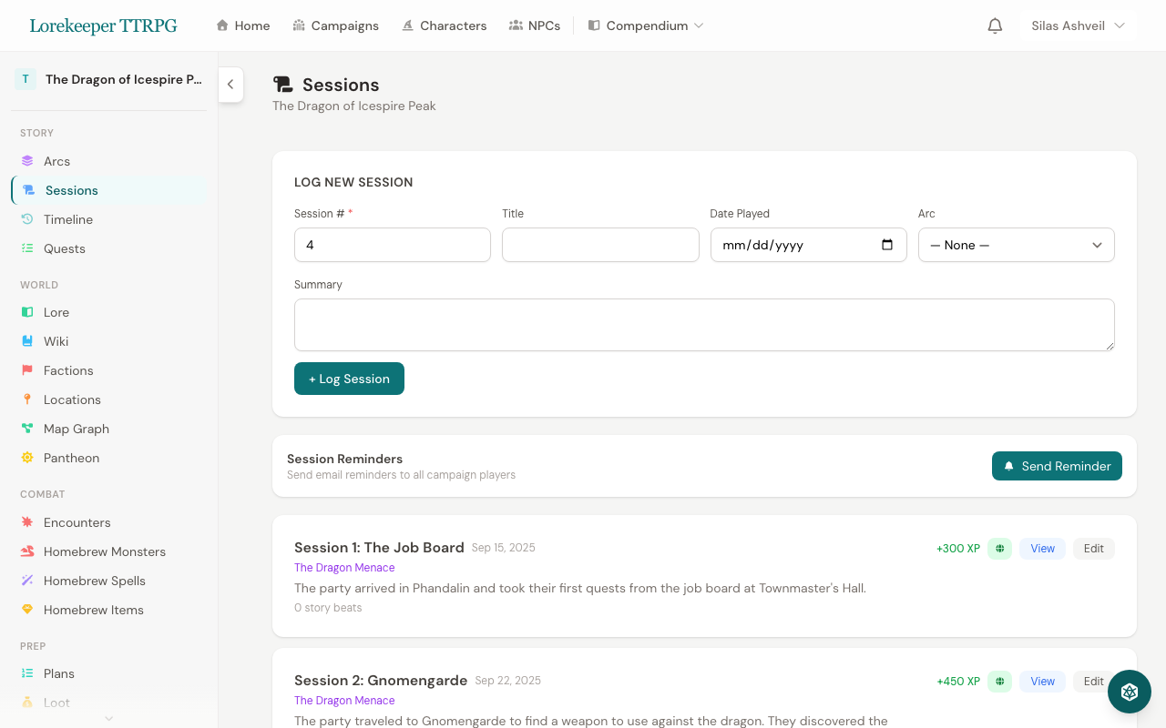 The Sessions page showing the Log New Session form with session number, title, date, and arc fields, plus a list of logged sessions below