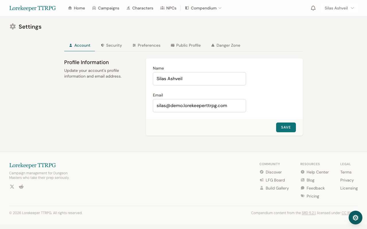 Account settings page