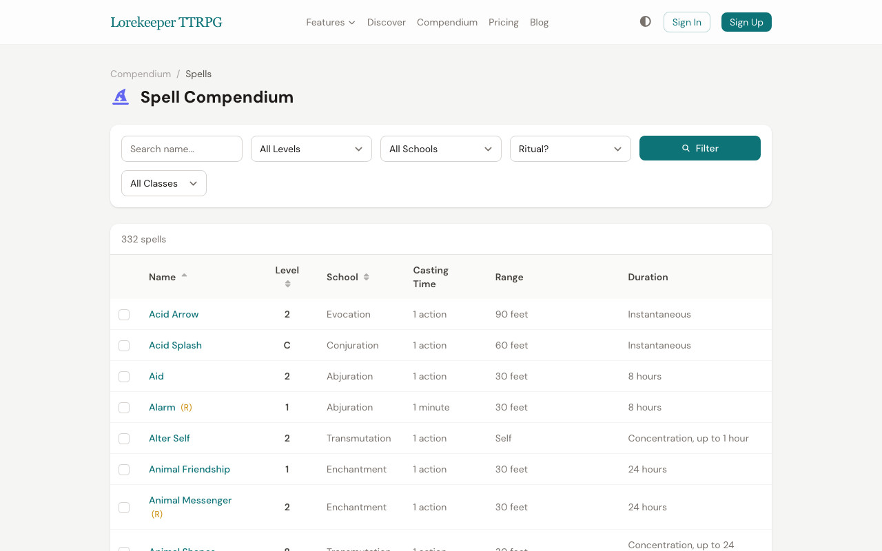The Spell Compendium showing search, class filter, school filter, source filter, and a sortable table of spells with name, level, school, casting time, range, duration, and source columns