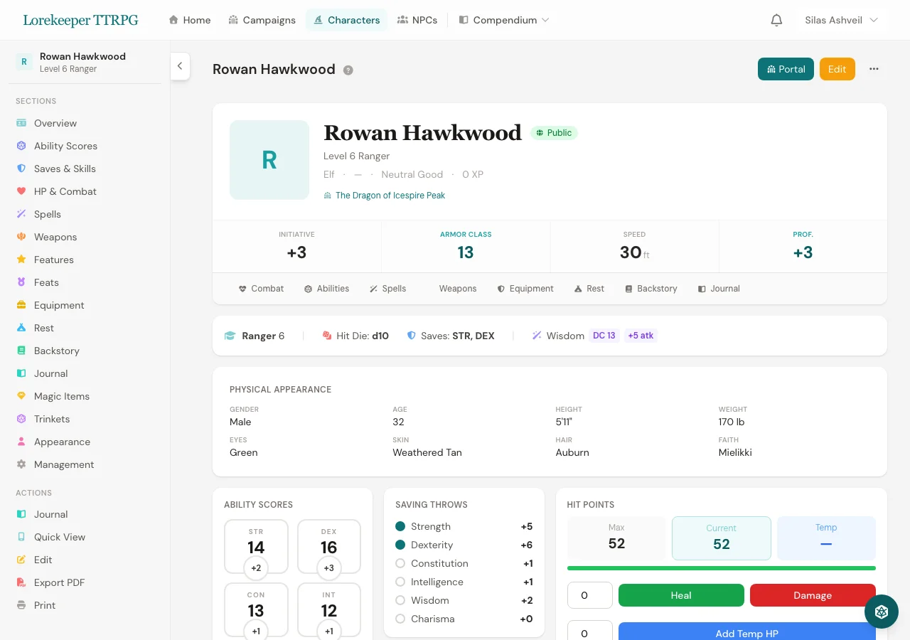 Full character sheet with ability scores, HP, and spells