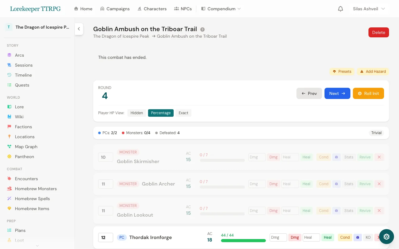 Real-time combat tracker with initiative order and HP management