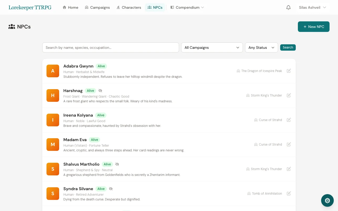NPC directory with search, status badges, and campaign associations