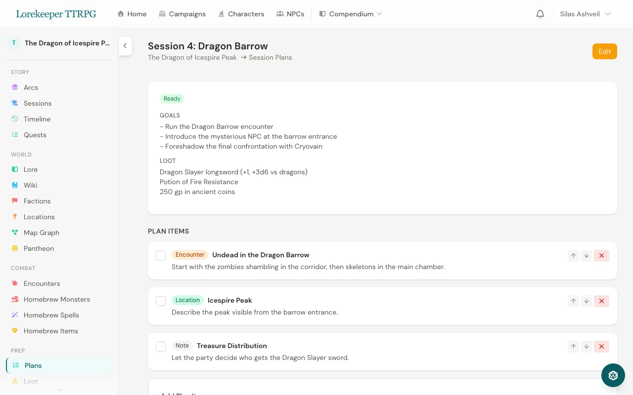 Session planner with goals, loot, and plan items